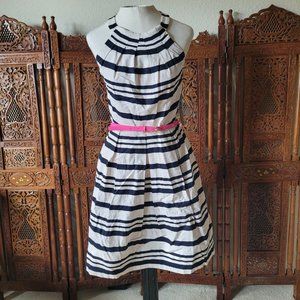 NWT Eliza J Black and White Striped Yoke A line Dress pink pop